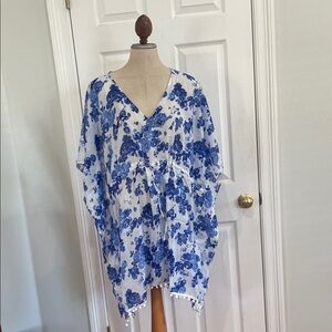 Bon voyage cover-up cinched waist Floral pom-poms cottagecore blue white new